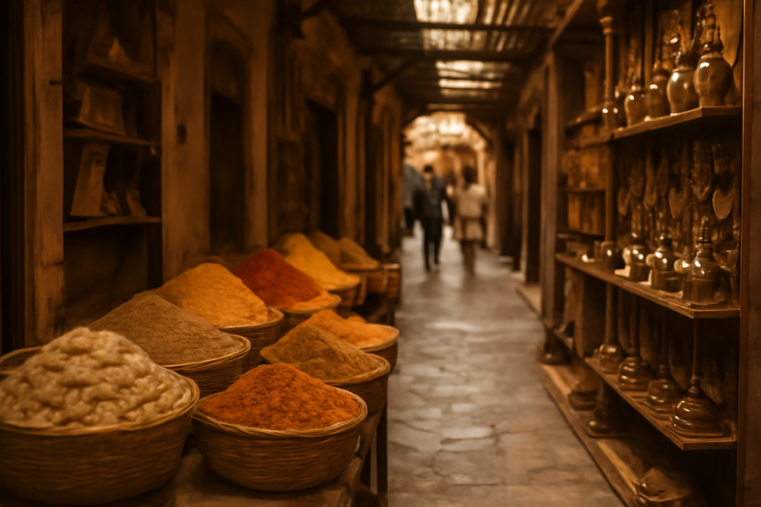 Lorong pasar tradisional di Oman dengan tumpukan rempah, dupa, dan perak buatan tangan