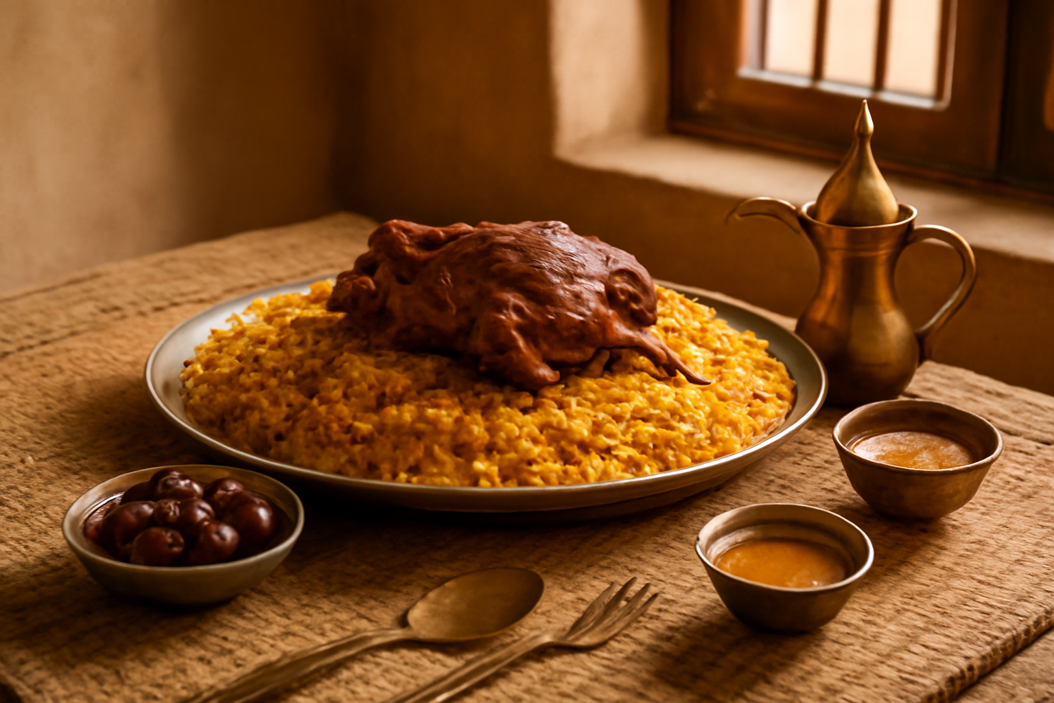 Hidangan nasi berbumbu khas Oman dengan daging panggang dan kopi kapulaga di meja restoran tradisional