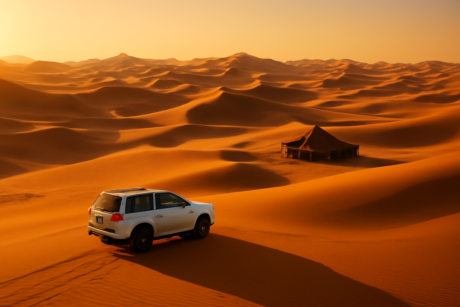 Pemandangan bukit pasir Gurun Wahiba di Oman saat matahari terbenam dengan kendaraan 4WD dan tenda Bedouin