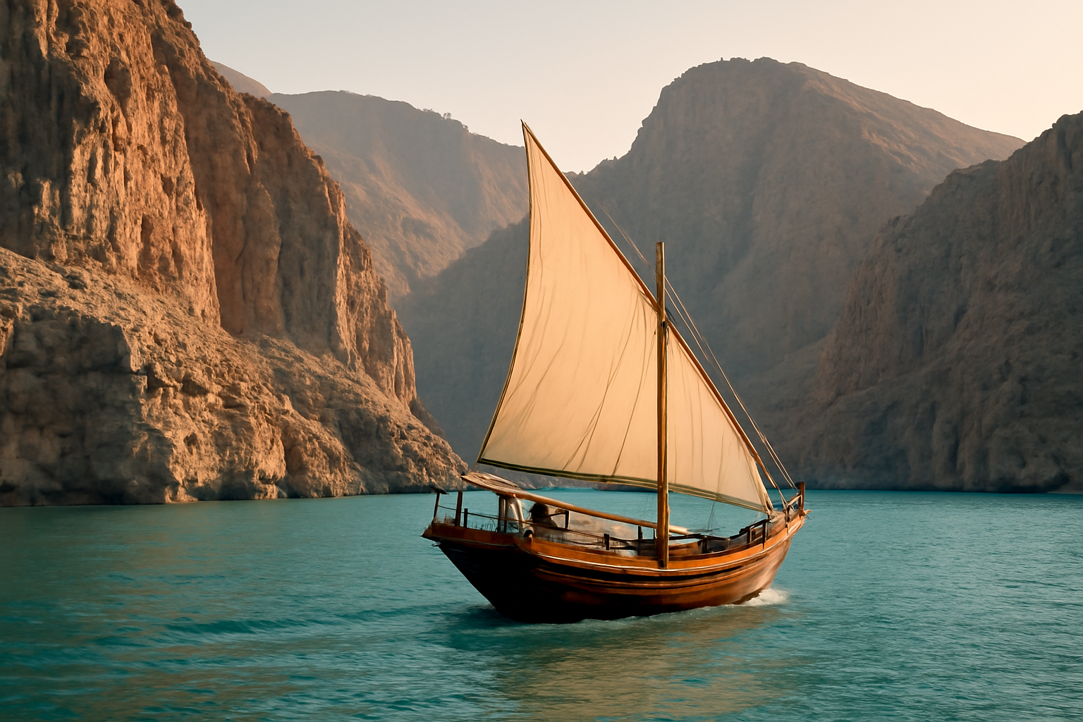Perahu kayu tradisional menyusuri fjord Musandam di Oman dengan tebing batu dan air biru.