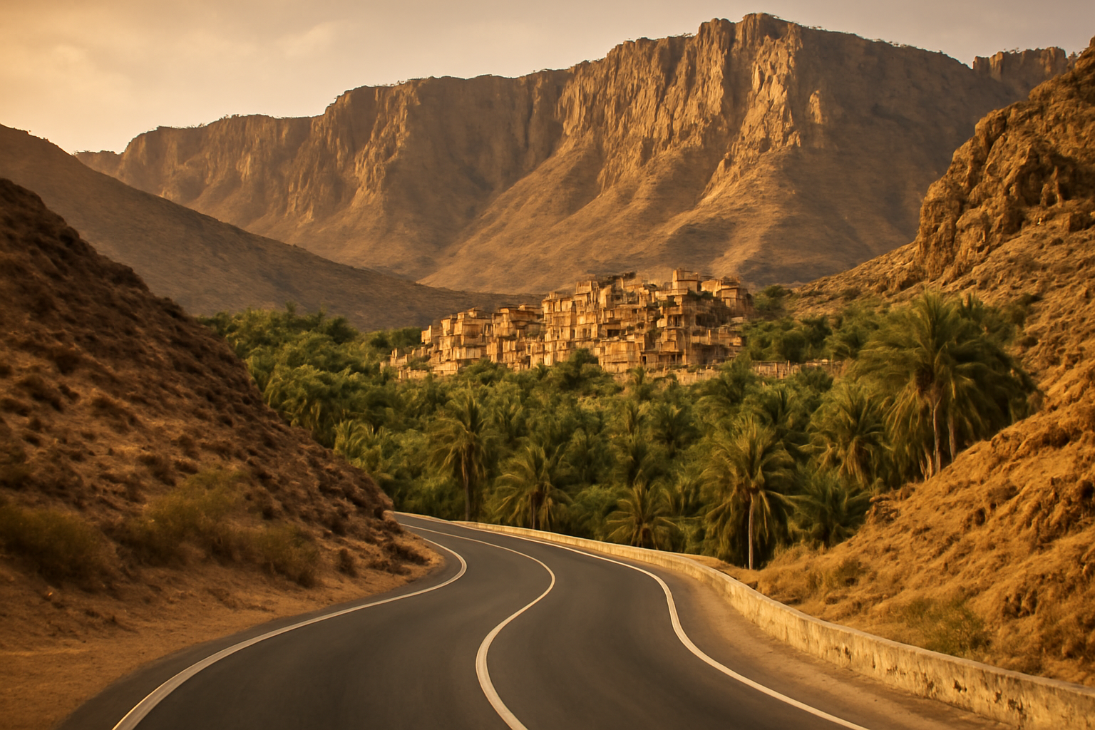 Jalan pegunungan berkelok menuju desa batu dan kebun kurma di Oman