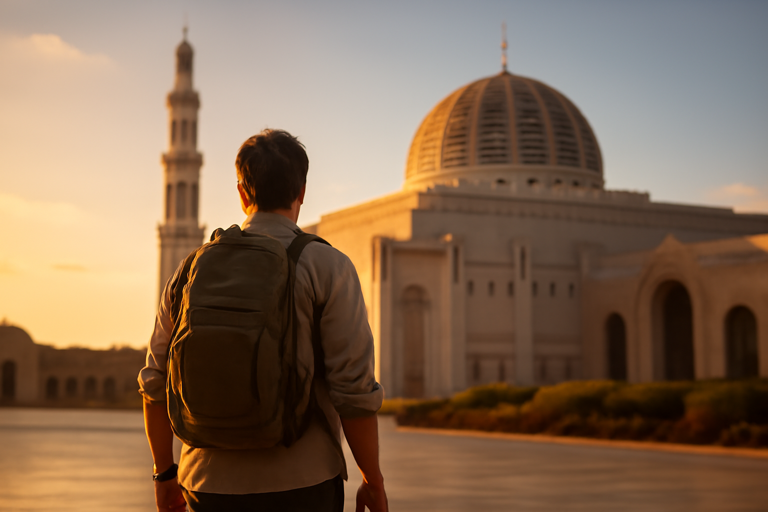 Wisatawan berfoto di depan Masjid Sultan Qaboos di Muscat, Oman